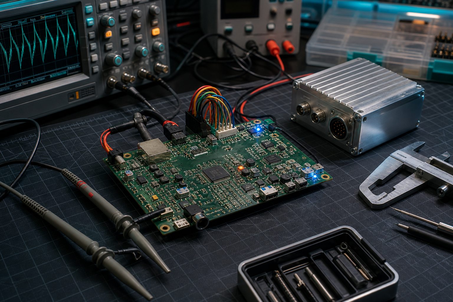 Custom embedded electronics connected to measurement equipment on a development workbench.