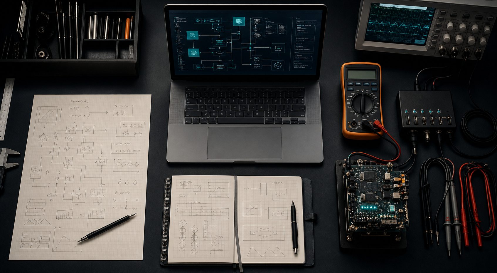 Architecture sketches, software, measurement equipment, and a prototype arranged for an engineering design review.