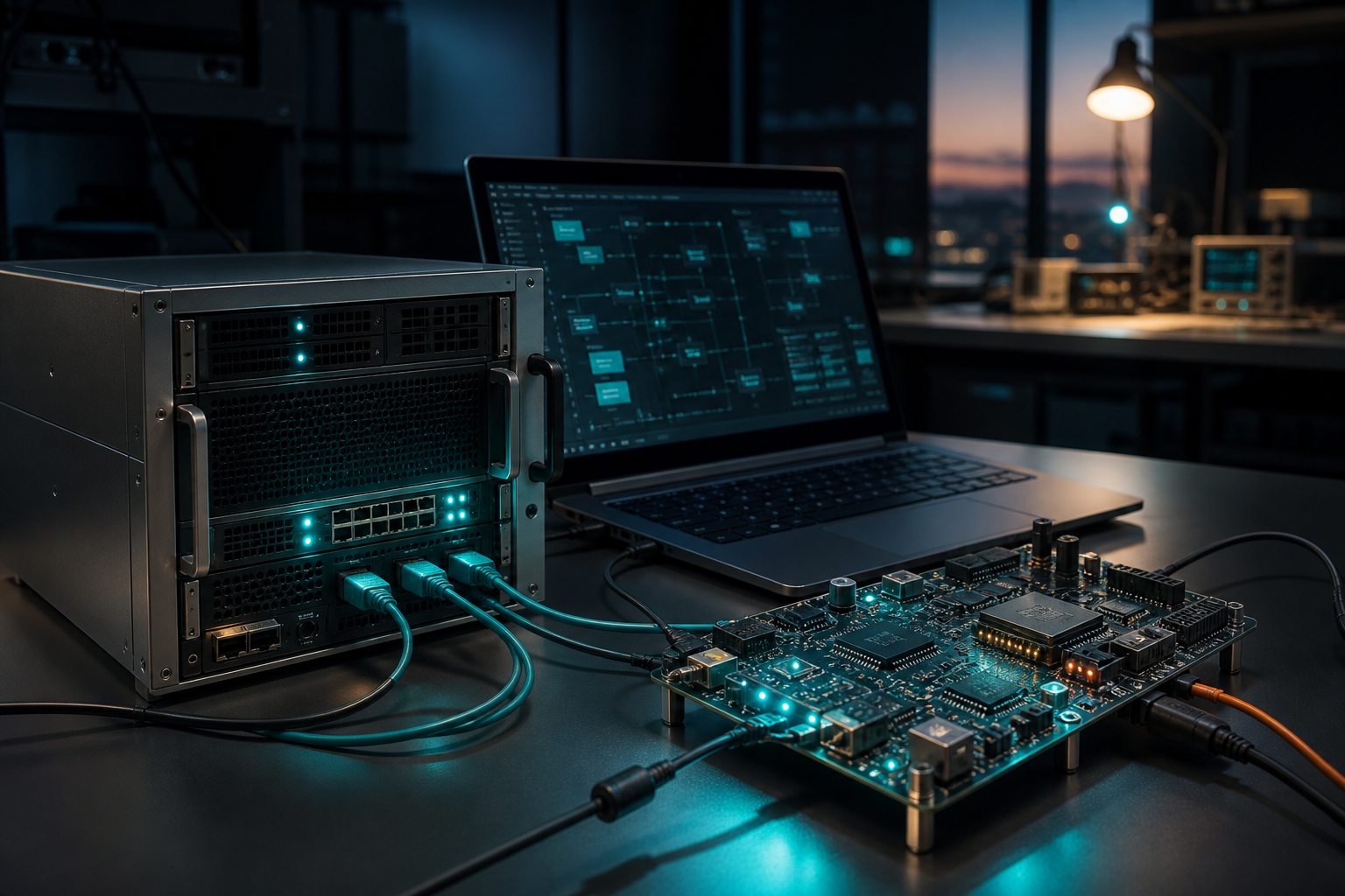 Cloud infrastructure, application software, and embedded electronics connected on an engineering workbench.