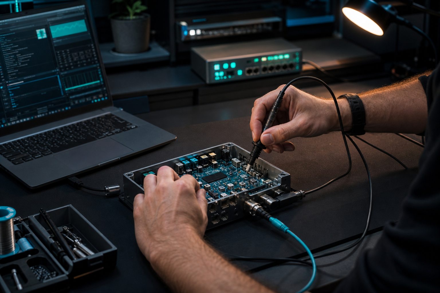 Hands testing a custom circuit board beside connected software and network equipment.